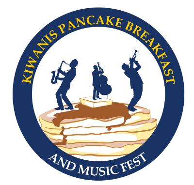 Pullman Kiwanis Pancake Breakfast logo with people playing music on top of pancakes