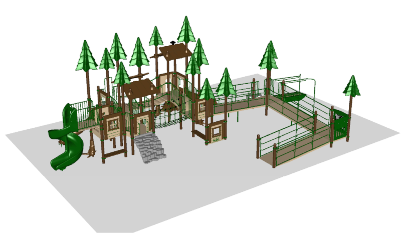 Illustration of forest-themed playground equipment for Mary's Park