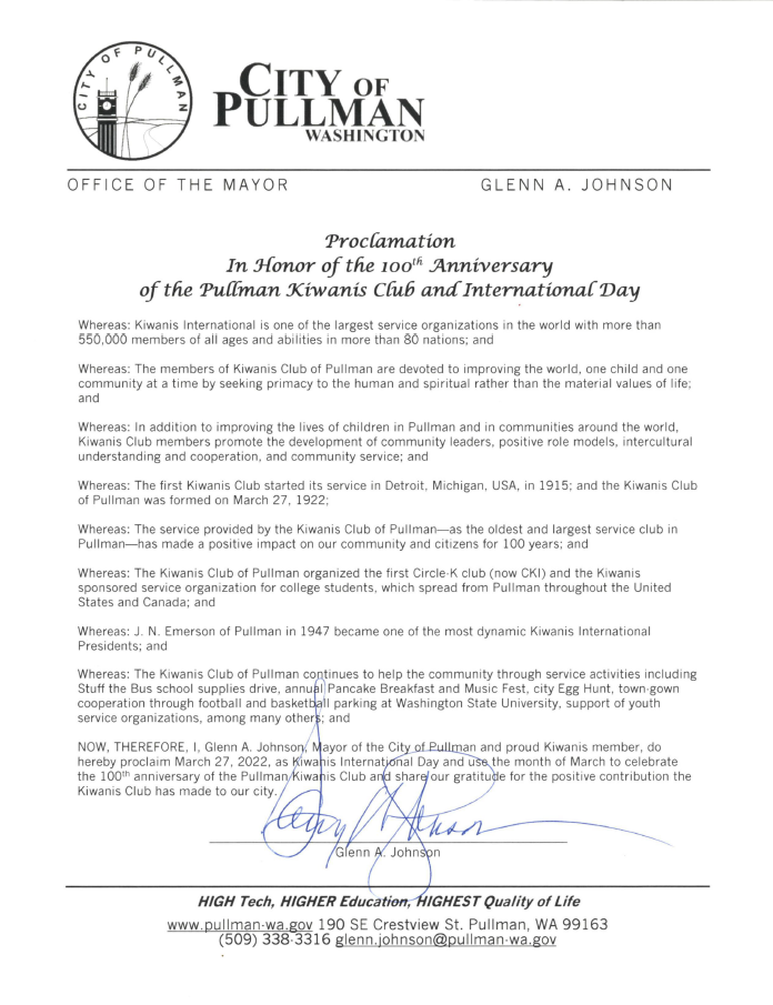 Pullman Kiwanis 100th anniversary proclamation
